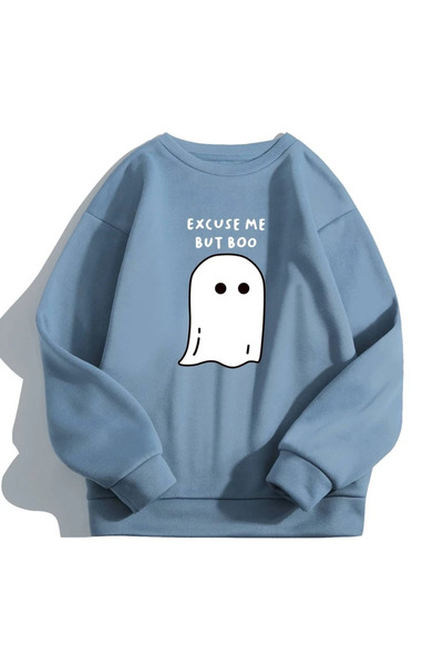 Adrift Baby Blue Excuse Me Hanorac din bumbac cu gât rotund, supradimensionat...