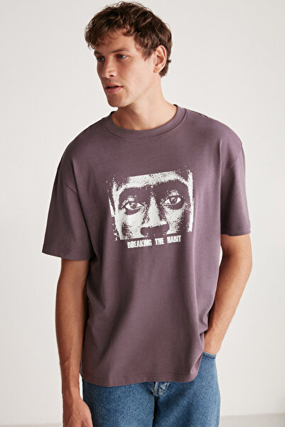 GRIMELANGE Tricou Drake pentru bărbați, cu formă supradimensionată, 100% bumbac, cu texturi groase, imprimate