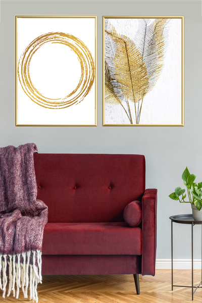 Linacci Set de postere cu rame circulare din aluminiu auriu dublu cu sticlă albă