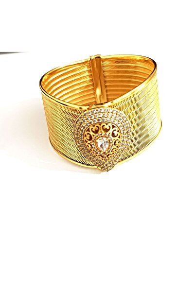 AKSESUARIM kadın 22 ayar altın kaplama zirkon taşlı hasır görünümlü kelepçe