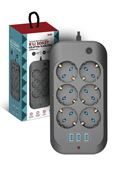 Fillikutum Termal Akım Korumalı Priz Çocuk Korumalı 6'lı 2 Metre Uzatma Kablosu 6xPriz 3xUsb Priz
