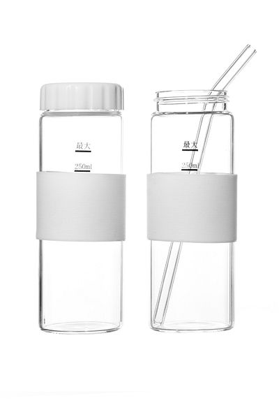 Karçiçeği Home Set of 2 Heat Resistant Glass Straws with Lids Borosilicate Thermisil Flask with Cup Holder Rubber