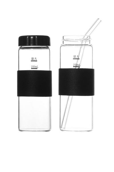 Karçiçeği Home Set of 2 Heat Resistant Glass Straws with Lids Borosilicate Thermisil Flask with Cup Holder Rubber