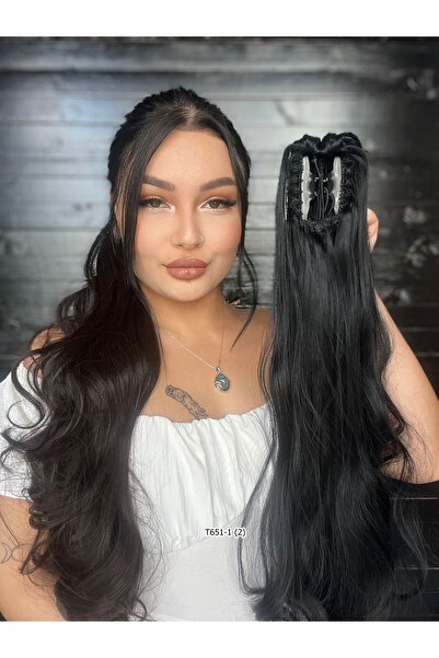 Suzan Peruk Tak ve Çık Tokalı Dalgalı At Kuyruğu - Siyah 80cm