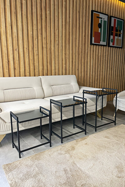 Genel Markalar 3'lü Rana Sehpa Siyah, Füme Aynalı Cam, Çok Amaçlı Metal Zigon Yan Sehpa