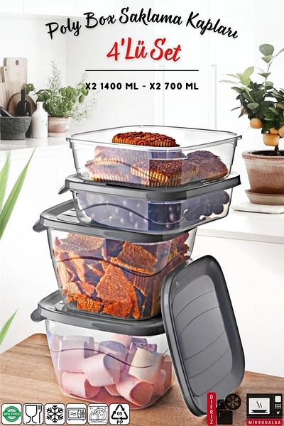 Open Home Concept Set of 4 Square Microwave & Freezer Compatible Poly Storage Container X2 0.7 Lt / 1.4 Lt