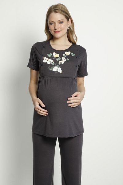 Miss Dünya Lissa Smoked Patterned Maternity and Maternity Pajamas Set with Dressing Gown
