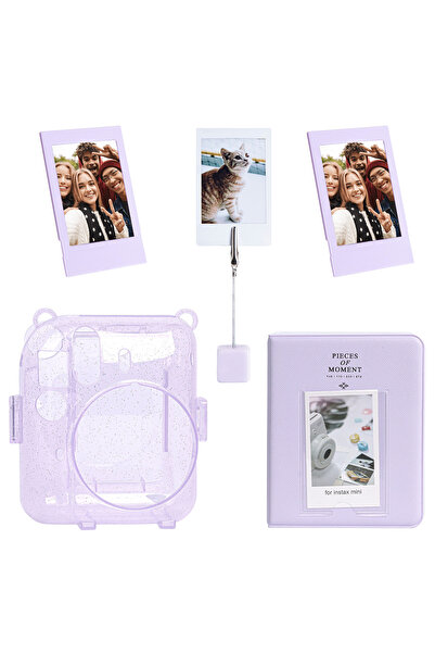 Fujifilm Instax mini 12 Simli Şeffaf Lila Kılıf Pvc 64'lü Albüm ve Fotoğraf Çerçeveleri Aksesuar Seti