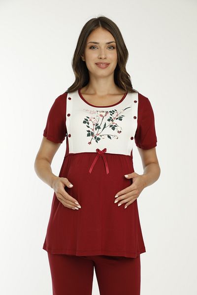 Miss Dünya Lissa Claret Red Patterned Maternity and Maternity Pajamas Set with Dressing Gown