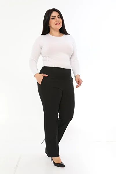 EVS WOMAN Women's Black Plus Size Elastic Waist Trousers