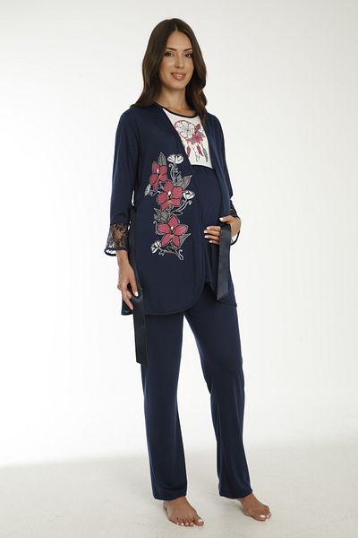 Miss Dünya Lissa Navy Blue Patterned Maternity and Maternity Pajamas Set with Dressing Gown
