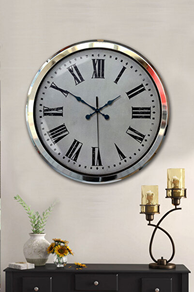 Platin Saat 52 Cm Krom Metal Duvar Saati