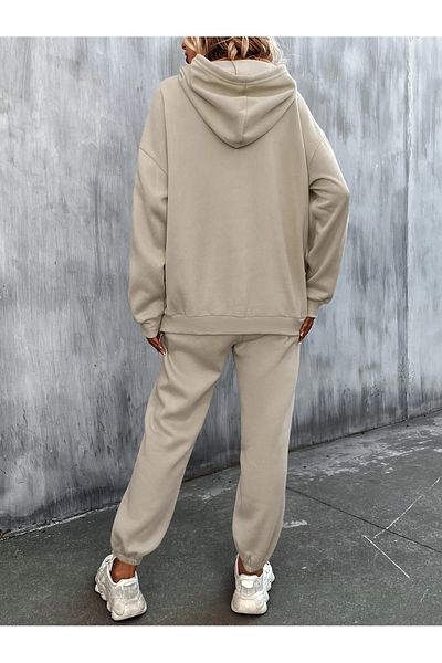 MODARİCH Beige Printed Hooded Combination Tracksuit Set - Oversize Elastic Leg
