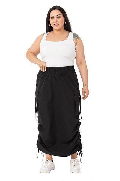 DISENTIS MODEST Large Size Side Gather Detailed Elastic Waist Parachute Long Black Skirt