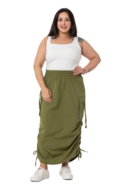 DISENTIS MODEST Large Size Side Gather Detailed Elastic Waist Parachute Long Khaki Skirt
