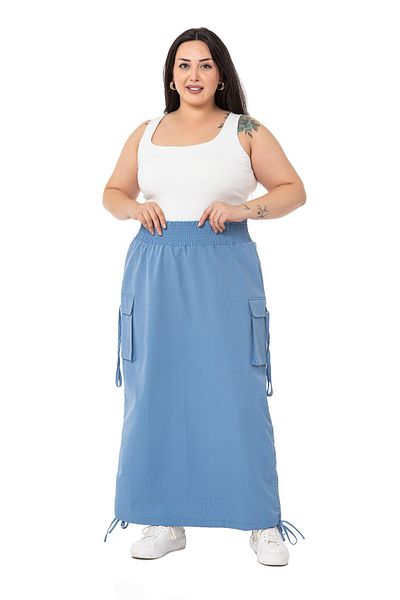 DISENTIS MODEST Large Size Side Gather Detailed Elastic Waist Parachute Long Blue Skirt