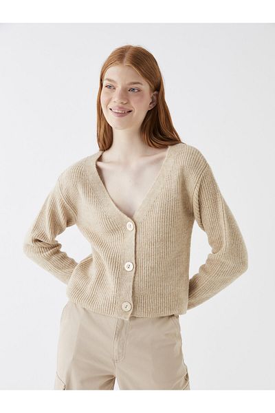 LC Waikiki V-nyakú sima, hosszú ujjú Crop női kötöttáru kardigán