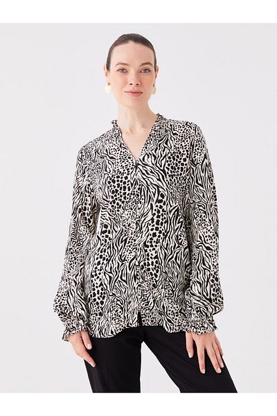 LC Waikiki Langärmlige Damenbluse mit V-Ausschnitt und Muster