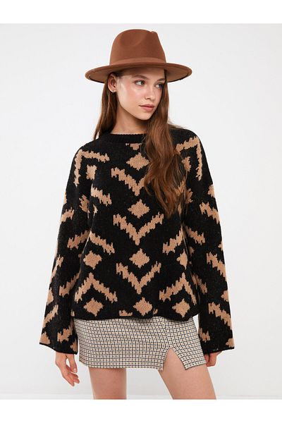 LC Waikiki Pulover de damă supradimensionat cu mânecă lungă, cu model, cu decolteu, tricot