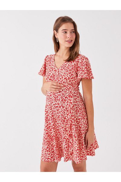LC Waikiki LCWAIKIKI Maternity Dress - Double Breasted Collar, Floral Short Sleeve