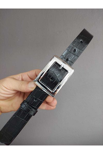 Kemerix Women's Crocodile Patterned Black Belt with Silver Buckle