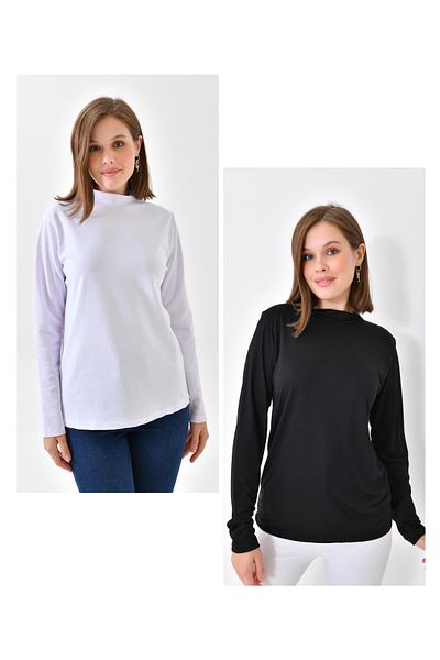 mirach 2-Pack Long Sleeve Body Blouse Tunic Hijab Body Badi Women's Black Blouse Women's White Blouse
