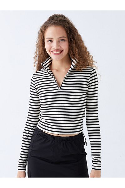 LC Waikiki Xside Ecru Stojánek s límečkem s proužkovaným dlouhým rukávem pro ženy Crop