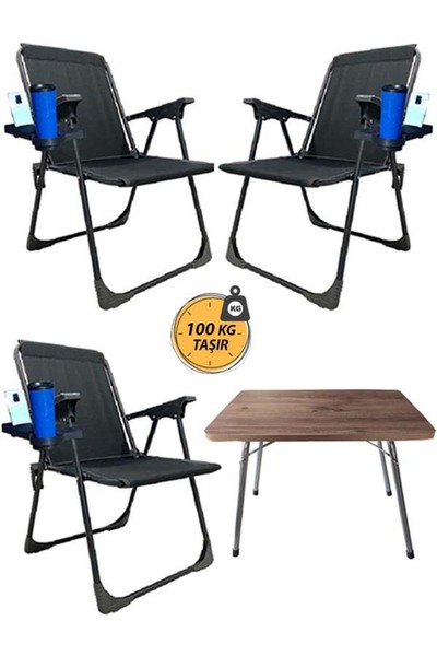 Genel Markalar 3 Adet Katlanır Kamp Sandalye ve Masa Seti-Taşınabilir Piknik ...