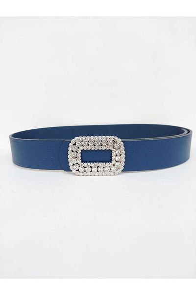 Kemerix 100% Genuine Leather Women's Bitter Navy Blue Belt with Stone and Silver Buckle