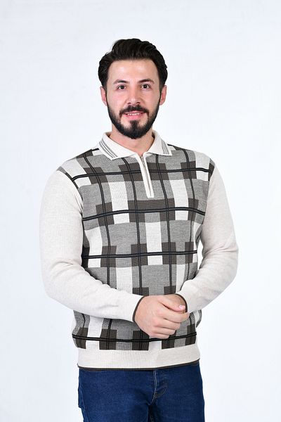 Kamalı Men's Steel Knit Lumberjack Patterned Shirt Collar Zippered Polo Collar Anti-Pilling Knitwear Winter Dad Sweater