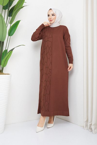 Pamuk Butik Γυναικείο πλεκτό φόρεμα με μοτίβο με παραλλαγή με μοτίβο αράχνης Mercerized καφέ