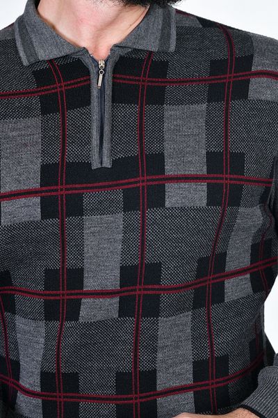 Kamalı Men's Steel Knit Lumberjack Patterned Shirt Collar Zippered Polo Collar Anti-Pilling Knitwear Winter Dad Sweater