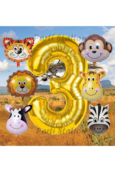 Parti Station Golden Color Number Balloon Safari 3 Year Old Birthday Party Balloon Set Safari Animals Theme Party Set