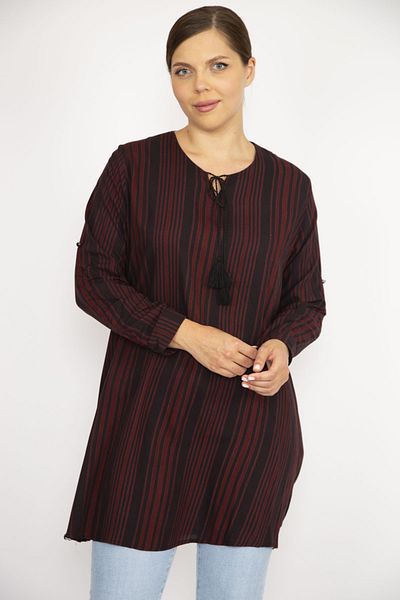 Şans Women's Large Size Claret Red V-Neck Sleeve-Length Adjustable Tunic 65n36720