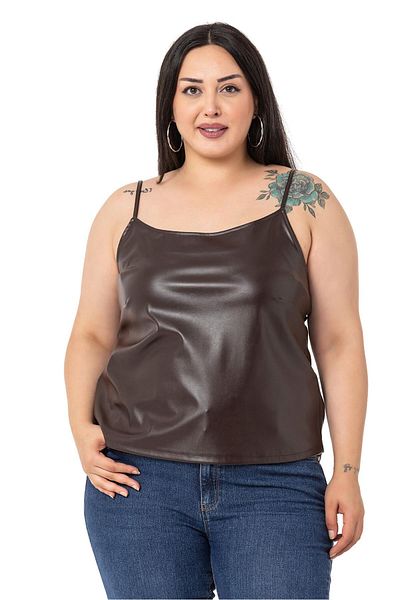 DISENTIS MODEST Plus Size Adjustable Thin Strap Leather Brown Blouse with Elastic Back