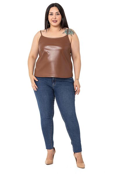 DISENTIS MODEST Plus Size Adjustable Thin Strap Leather Tan Blouse with Elastic Back