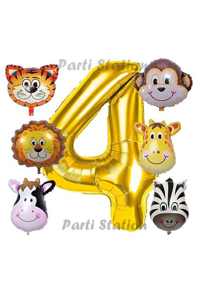 Parti Station Golden Color Number Balloon Safari 4 Years Birthday Party Balloon Set Safari Animals Theme Party Set