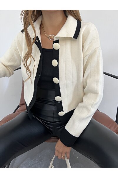 Jose Clothing Γυναικεία πλεκτή ζακέτα με μακρυμάνικη λαιμόκοψη με αντίθεση