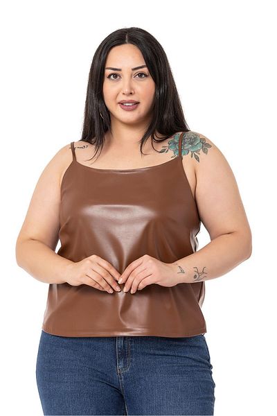 DISENTIS MODEST Plus Size Adjustable Thin Strap Leather Tan Blouse with Elastic Back
