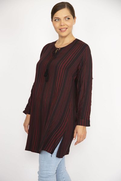 Şans Women's Large Size Claret Red V-Neck Sleeve-Length Adjustable Tunic 65n36720