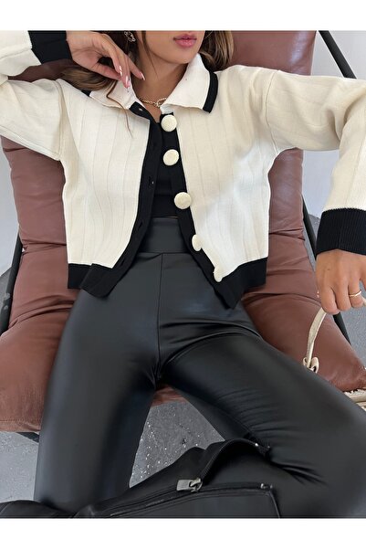 Jose Clothing Γυναικεία πλεκτή ζακέτα με μακρυμάνικη λαιμόκοψη με αντίθεση