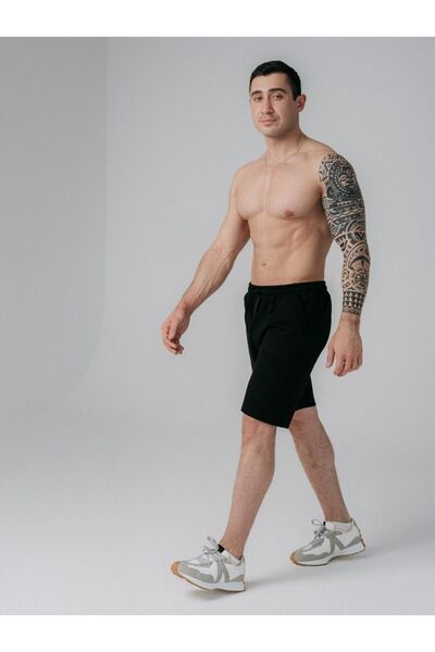 MİSTİRİK Ανδρικό αθλητικό σορτς Viterbo Model Loose and Relaxed Cut Biker Βερμούδες χτενισμένο βαμβακερό σορτς μαύρο χρώμα