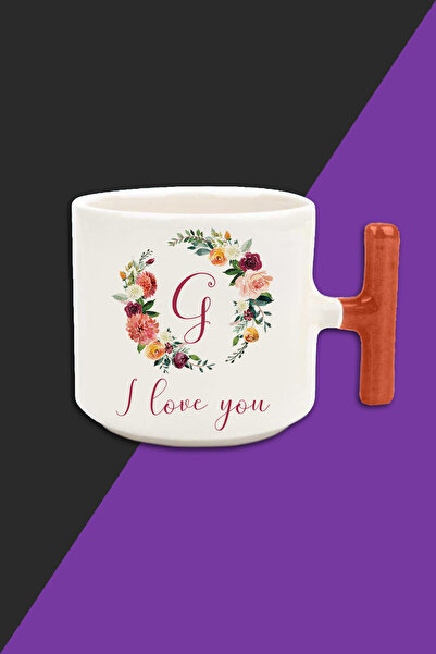 Bytwo كوب لاتيه بلون كريمي بنمط حرف G I Love You - مقبض برتقالي