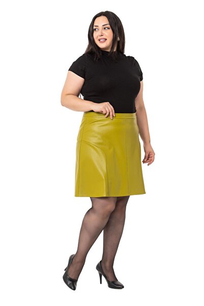 DISENTIS MODEST Plus Size Leather Pistachio Green Mini Skirt