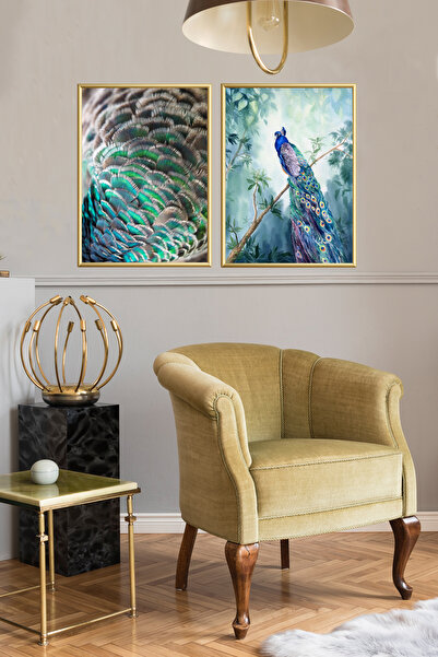 Linacci Set de poster din sticlă cu păun cu cadru dublu din aluminiu auriu