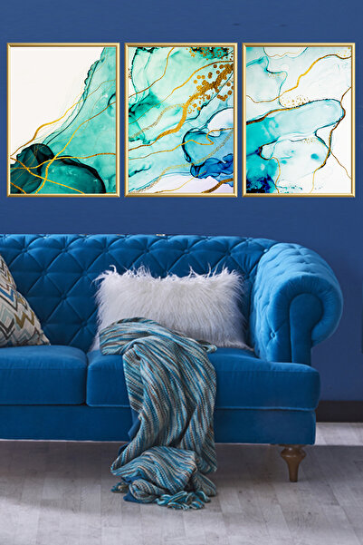 Linacci Σετ τριών μαρμάρινων εικόνων με χρυσό μεταλλικό πλαίσιο αλουμινίου και γυαλί