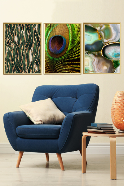 Linacci Set of 3 Gold Metal Green Blue Peacock Framed Paintings