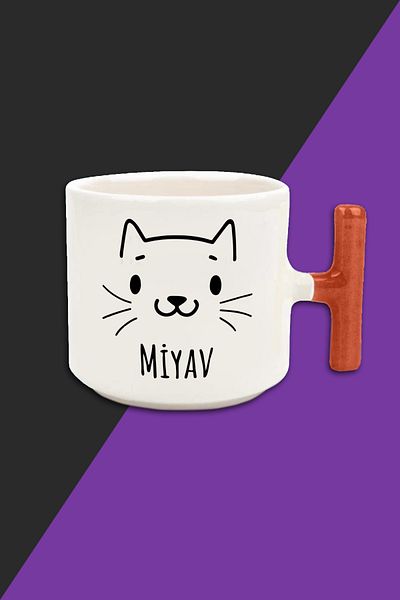 Bytwo Cat - Cat - Meow Cream Color Latte Cup Mug - Orange Handle