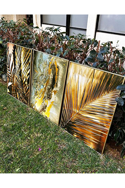 Linacci Üçlü Gold Palmiye Alüminyum Metal Çerçeveli Poster Camlı Tablo Set