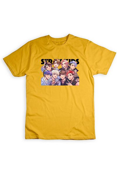 fame-stoned Унисекс тениска с принт на музикална група Stray Kids K-pop, 100% памук, жълта